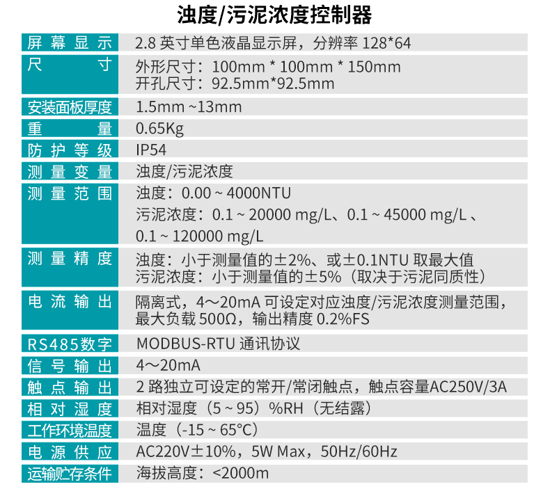 米科MIK-PTU100在線濁度檢測儀控制器參數(shù)1