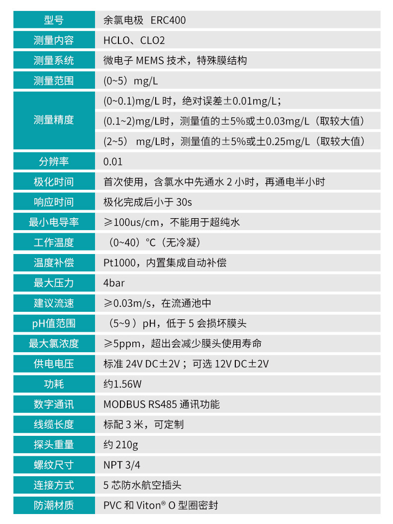 余氯電極參數(shù)